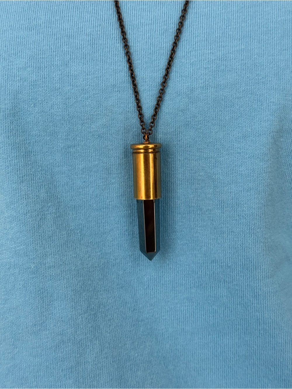 Gold Bullet Casing Pendant Necklace with Black Crystal Point